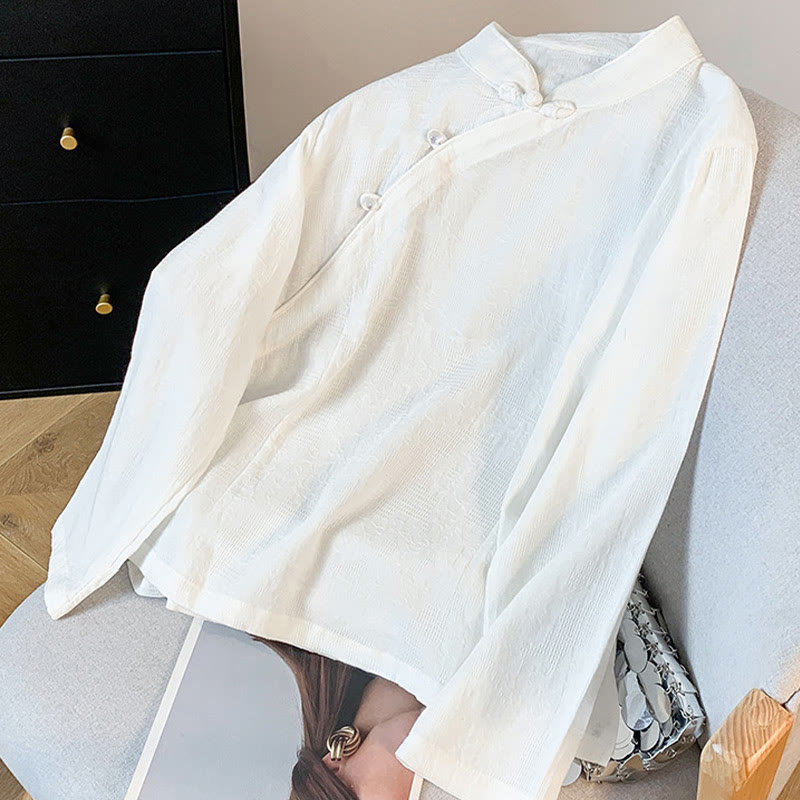 Camicia da donna a maniche lunghe in cotone con colletto alla coreana e bottoni a rana cinese, motivo Buddha Stones Commute Jacquard. - image 12