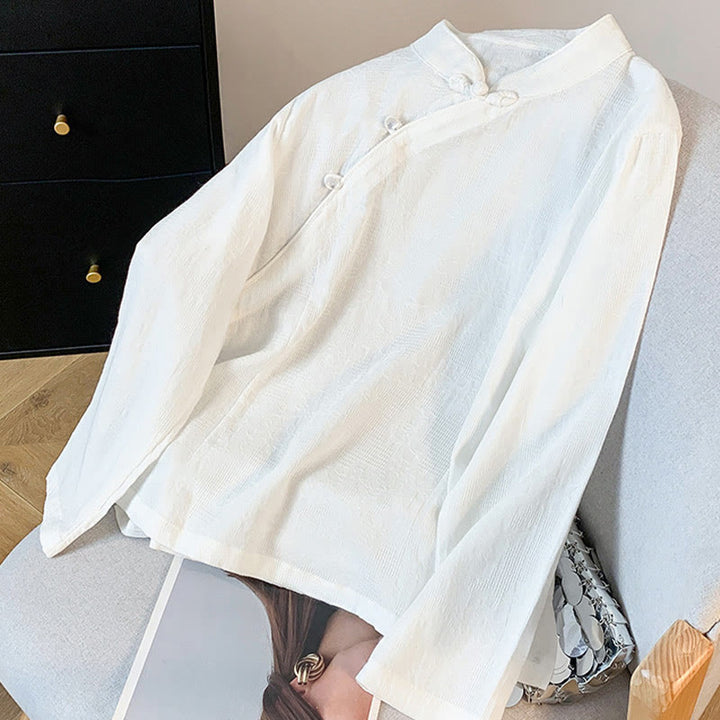 Camicia da donna a maniche lunghe in cotone con colletto alla coreana e bottoni a rana cinese, motivo Buddha Stones Commute Jacquard. - image 12