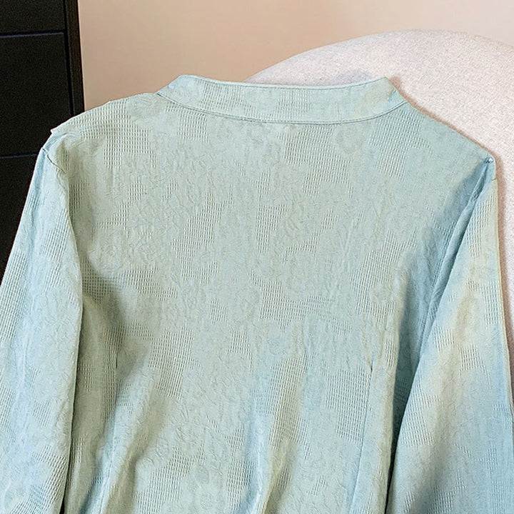 Camicia da donna a maniche lunghe in cotone con colletto alla coreana e bottoni a rana cinese, motivo Buddha Stones Commute Jacquard. - image 4