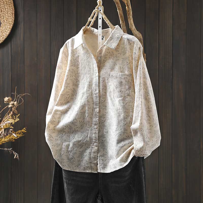 Camicia da donna in cotone a maniche lunghe con stampa floreale autunnale Buddha Stones e bottoni - OldLace - US6, UK/AU10, EU38 (L) - image 0