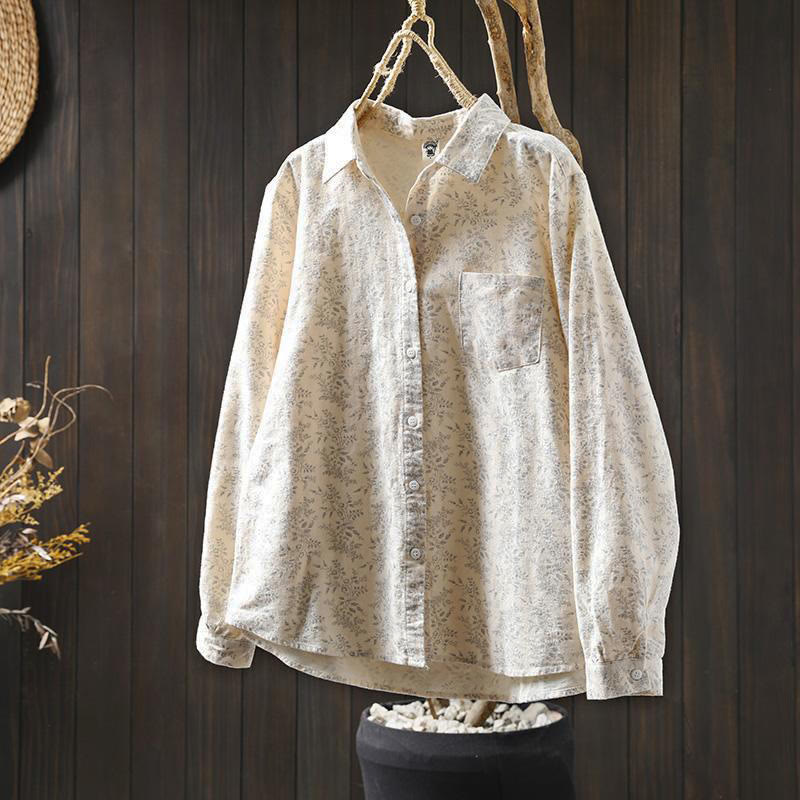 Camicia da donna in cotone a maniche lunghe con stampa floreale autunnale Buddha Stones e bottoni - image 1