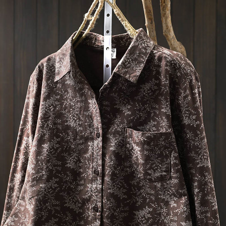 Camicia da donna in cotone a maniche lunghe con stampa floreale autunnale Buddha Stones e bottoni - image 11