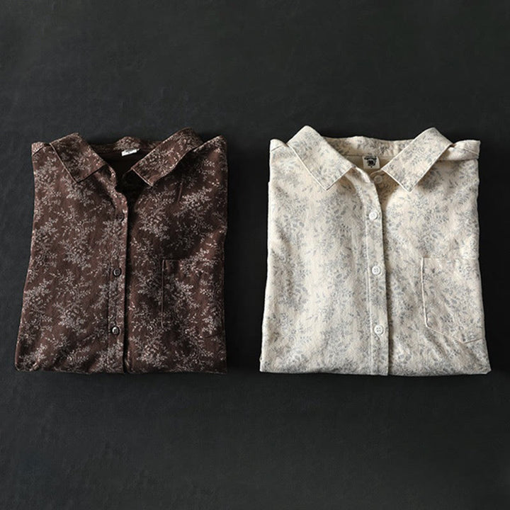 Camicia da donna in cotone a maniche lunghe con stampa floreale autunnale Buddha Stones e bottoni - image 12