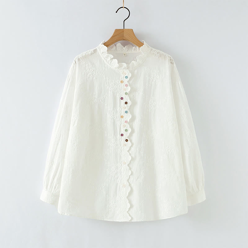 Camicia da donna in cotone a maniche lunghe con colletto arricciato, bottoni a rilievo ricamati con fiori Buddha Stones Fall - Bianco - US6, UK/AU10, EU38 (L) - image 2