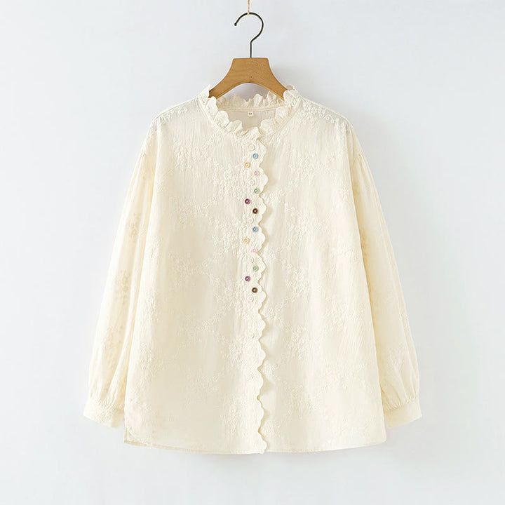 Camicia da donna in cotone a maniche lunghe con colletto arricciato, bottoni a rilievo ricamati con fiori Buddha Stones Fall - OldLace - US6, UK/AU10, EU38 (L) - image 0