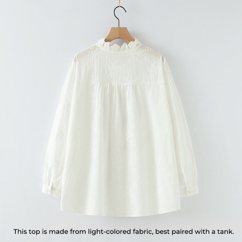 Camicia da donna in cotone a maniche lunghe con colletto arricciato, bottoni a rilievo ricamati con fiori Buddha Stones Fall - image 3