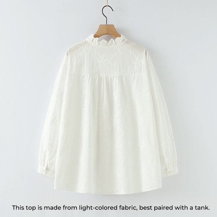 Camicia da donna in cotone a maniche lunghe con colletto arricciato, bottoni a rilievo ricamati con fiori Buddha Stones Fall - image 3