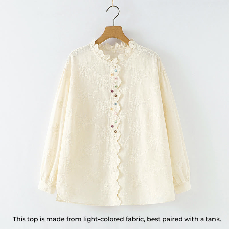 Camicia da donna in cotone a maniche lunghe con colletto arricciato, bottoni a rilievo ricamati con fiori Buddha Stones Fall - image 1