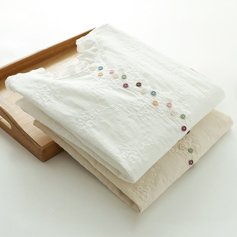 Camicia da donna in cotone a maniche lunghe con colletto arricciato, bottoni a rilievo ricamati con fiori Buddha Stones Fall - image 15