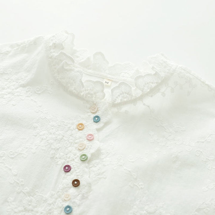 Camicia da donna in cotone a maniche lunghe con colletto arricciato, bottoni a rilievo ricamati con fiori Buddha Stones Fall - image 5