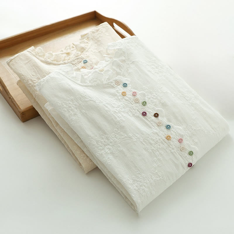 Camicia da donna in cotone a maniche lunghe con colletto arricciato, bottoni a rilievo ricamati con fiori Buddha Stones Fall - image 14