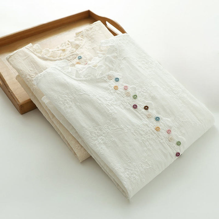 Camicia da donna in cotone a maniche lunghe con colletto arricciato, bottoni a rilievo ricamati con fiori Buddha Stones Fall - image 14