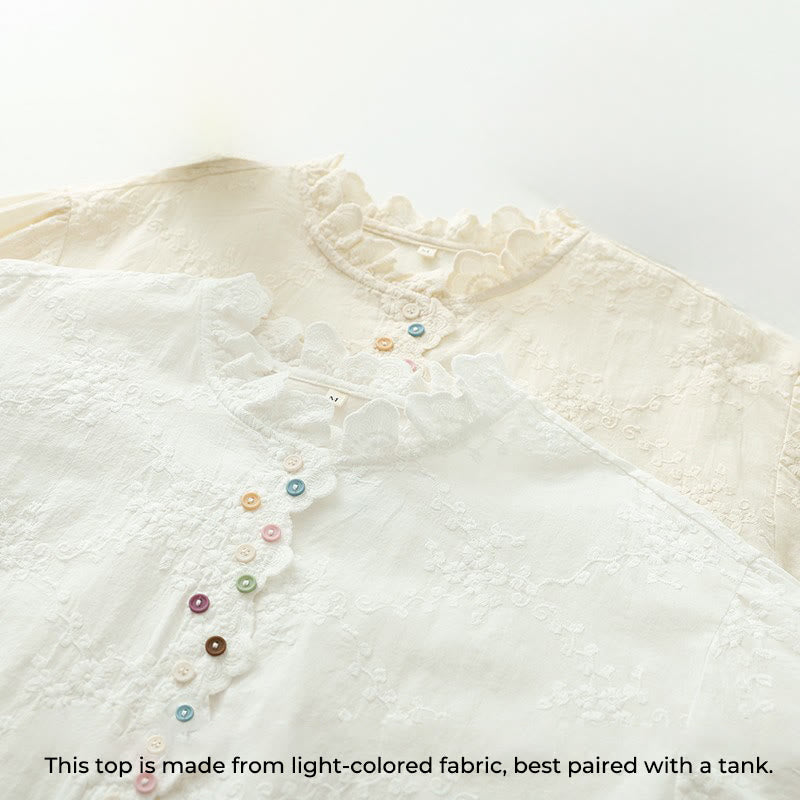 Camicia da donna in cotone a maniche lunghe con colletto arricciato, bottoni a rilievo ricamati con fiori Buddha Stones Fall - image 4