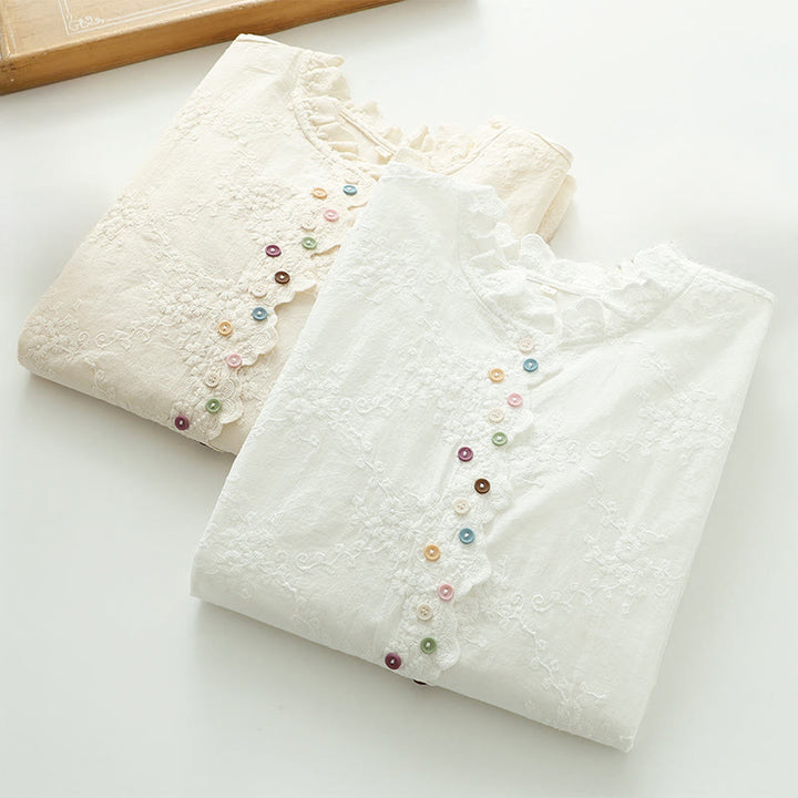 Camicia da donna in cotone a maniche lunghe con colletto arricciato, bottoni a rilievo ricamati con fiori Buddha Stones Fall - image 12