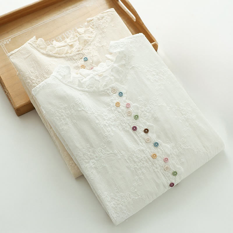 Camicia da donna in cotone a maniche lunghe con colletto arricciato, bottoni a rilievo ricamati con fiori Buddha Stones Fall - image 13