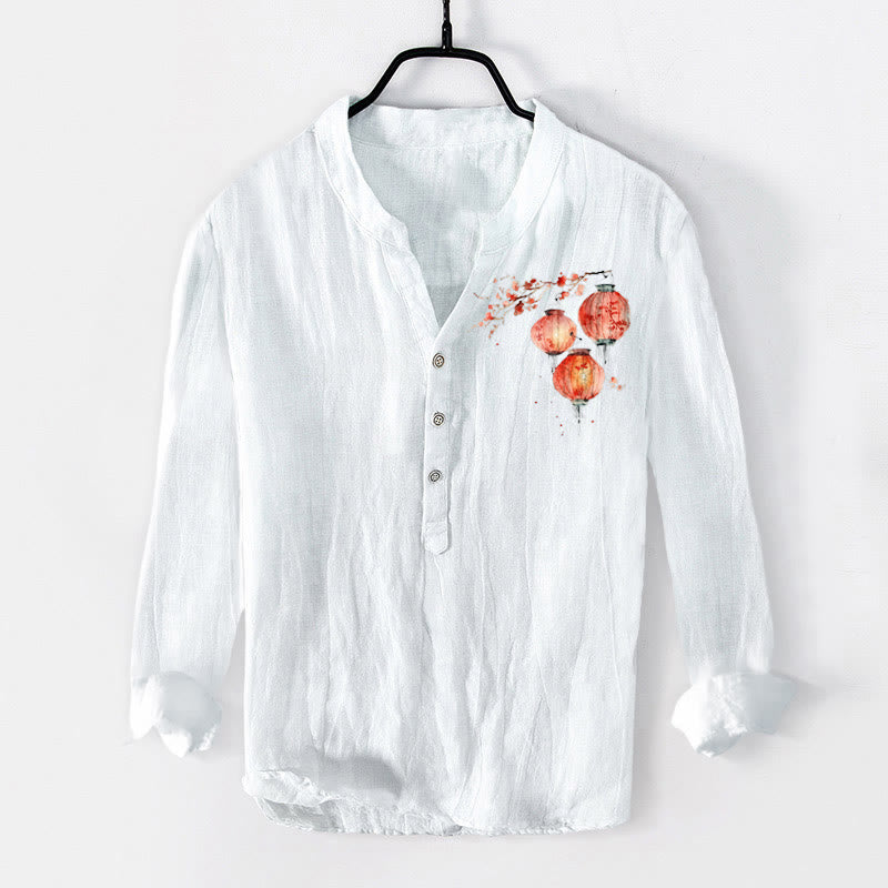 Buddha Stones da uomo in cotone e lino a maniche lunghe con motivo a lanterna semplice con fiori rossi e bottoni a metà - Bianco - US/UK/AU50, EU60 (5XL) - image 3