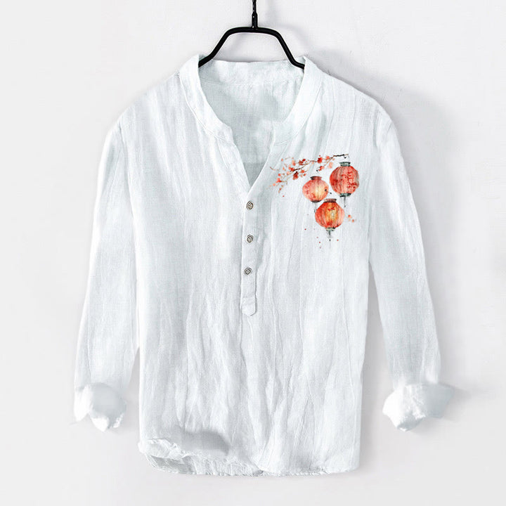 Buddha Stones da uomo in cotone e lino a maniche lunghe con motivo a lanterna semplice con fiori rossi e bottoni a metà - Bianco - US/UK/AU50, EU60 (5XL) - image 3