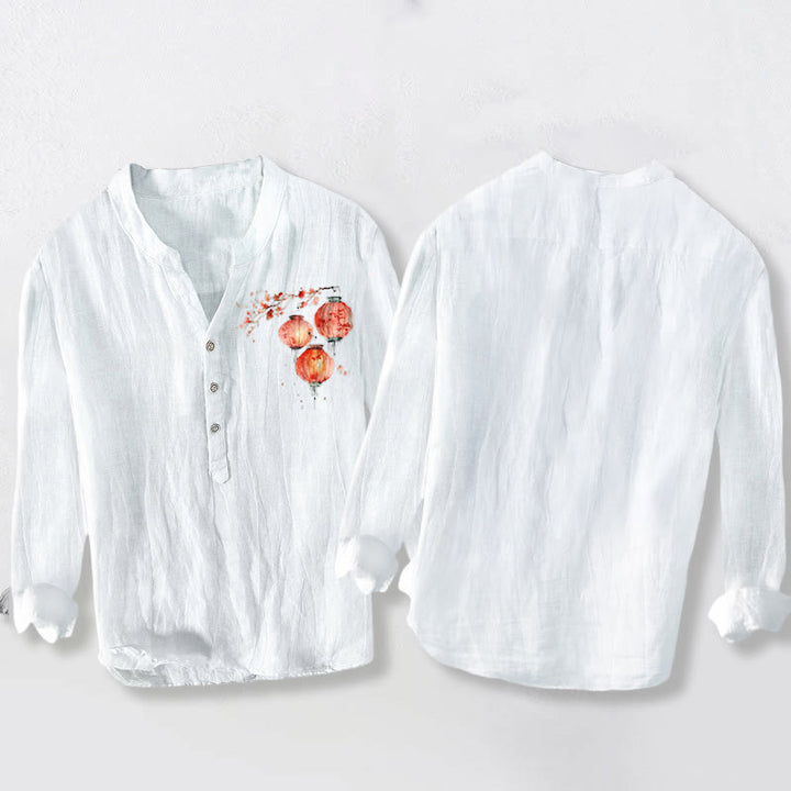 Buddha Stones da uomo in cotone e lino a maniche lunghe con motivo a lanterna semplice con fiori rossi e bottoni a metà - image 5