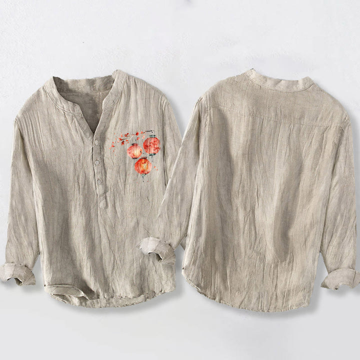 Buddha Stones da uomo in cotone e lino a maniche lunghe con motivo a lanterna semplice con fiori rossi e bottoni a metà - image 8
