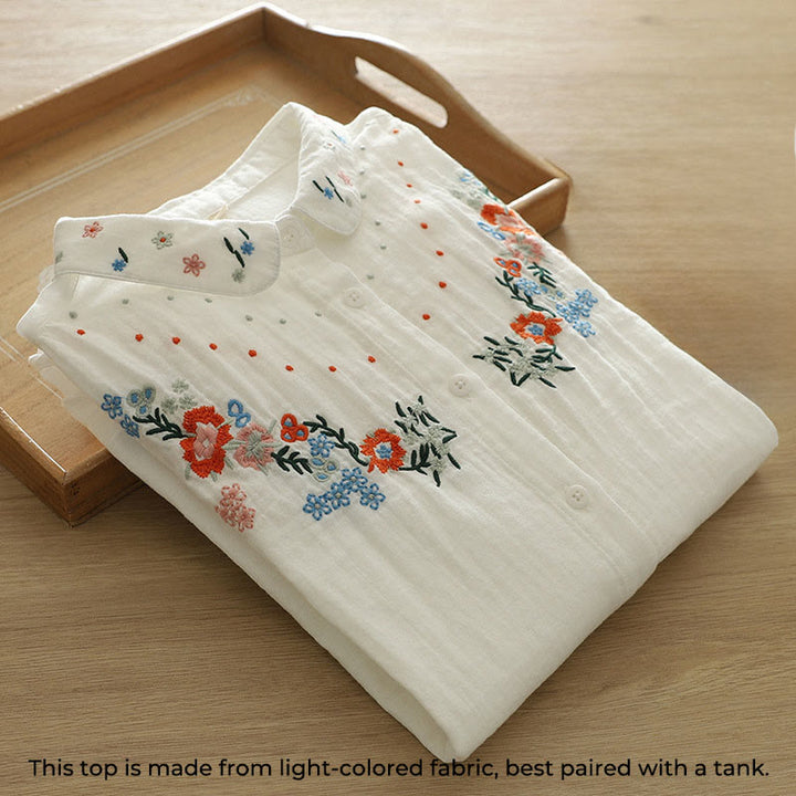 Camicia da donna in cotone a maniche lunghe con bottoni ricamati floreali colorati bianchi Buddha Stones Fall - image 3