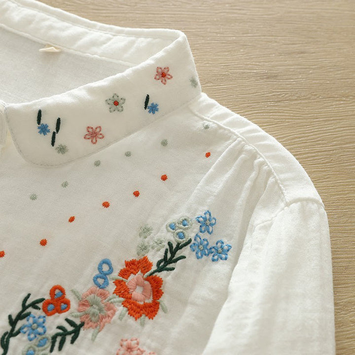 Camicia da donna in cotone a maniche lunghe con bottoni ricamati floreali colorati bianchi Buddha Stones Fall - image 7