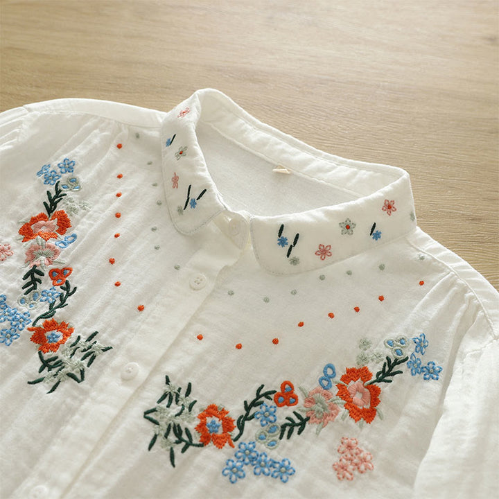 Camicia da donna in cotone a maniche lunghe con bottoni ricamati floreali colorati bianchi Buddha Stones Fall - image 6