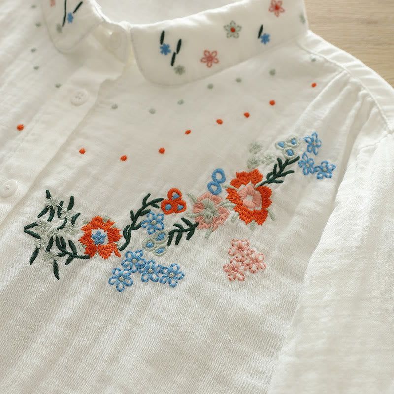 Camicia da donna in cotone a maniche lunghe con bottoni ricamati floreali colorati bianchi Buddha Stones Fall - image 8