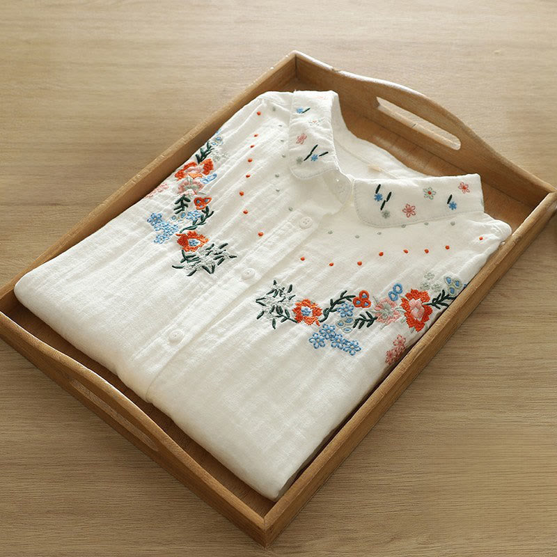 Camicia da donna in cotone a maniche lunghe con bottoni ricamati floreali colorati bianchi Buddha Stones Fall - image 5