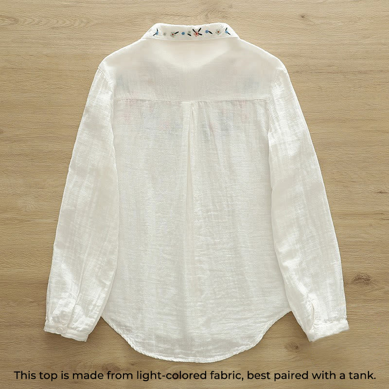 Camicia da donna in cotone a maniche lunghe con bottoni ricamati floreali colorati bianchi Buddha Stones Fall - image 2