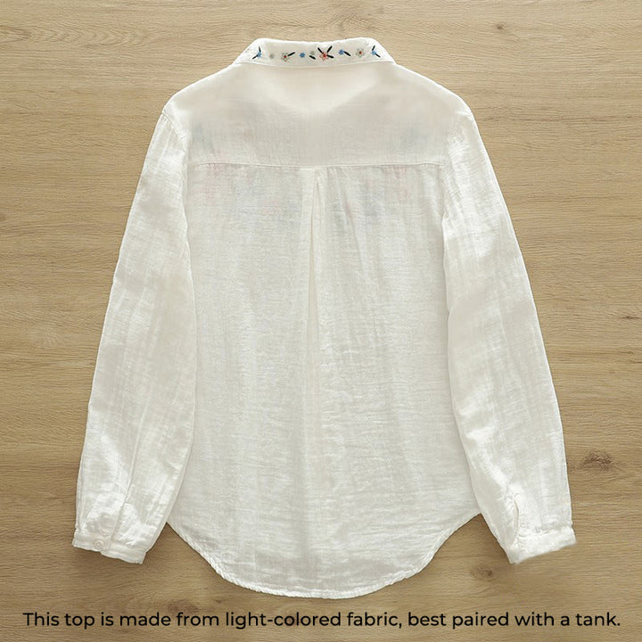 Camicia da donna in cotone a maniche lunghe con bottoni ricamati floreali colorati bianchi Buddha Stones Fall - image 2