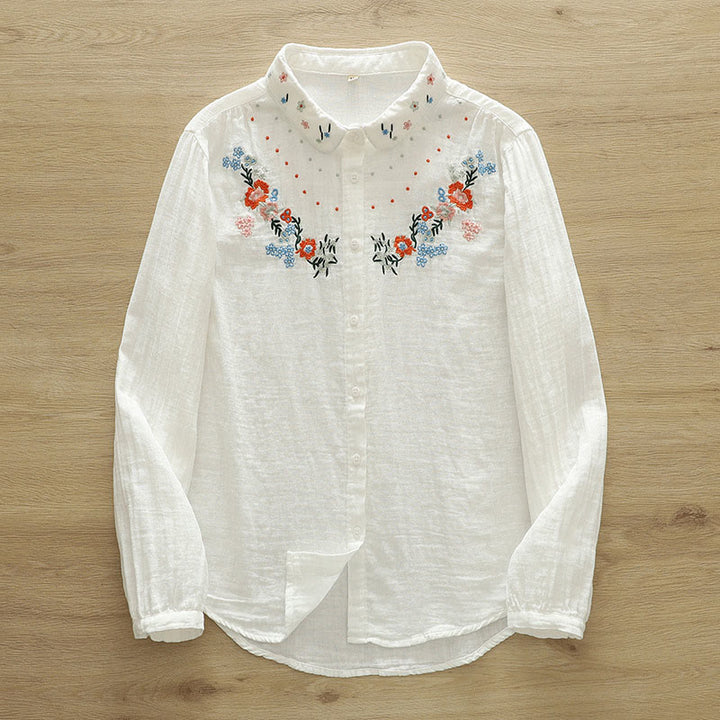 Camicia da donna in cotone a maniche lunghe con bottoni ricamati floreali colorati bianchi Buddha Stones Fall - image 1