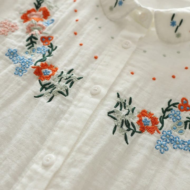 Camicia da donna in cotone a maniche lunghe con bottoni ricamati floreali colorati bianchi Buddha Stones Fall - image 9