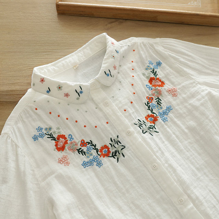 Camicia da donna in cotone a maniche lunghe con bottoni ricamati floreali colorati bianchi Buddha Stones Fall - Bianco - US6， UK/AU10，EU38 (L) - image 0