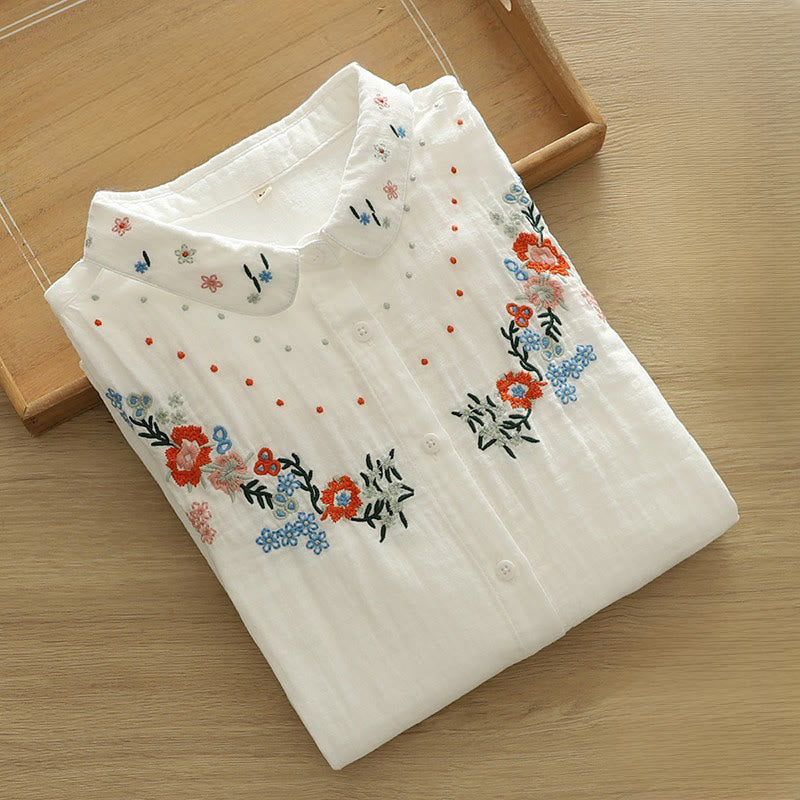 Camicia da donna in cotone a maniche lunghe con bottoni ricamati floreali colorati bianchi Buddha Stones Fall - image 4