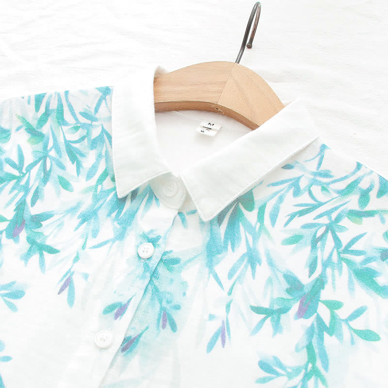 Camicia da donna in cotone a maniche lunghe con bottoni bianchi e verdi in stile Buddha Stones Fall - image 7