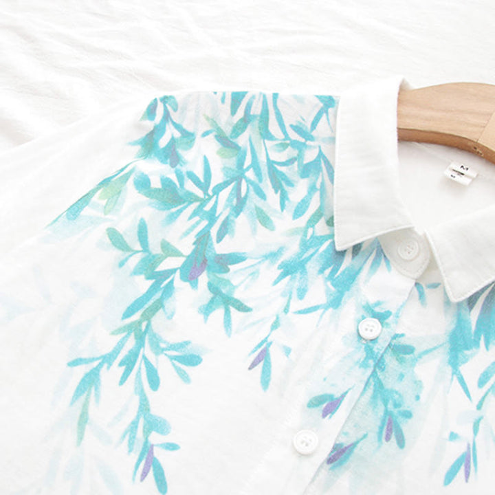 Camicia da donna in cotone a maniche lunghe con bottoni bianchi e verdi in stile Buddha Stones Fall - image 8