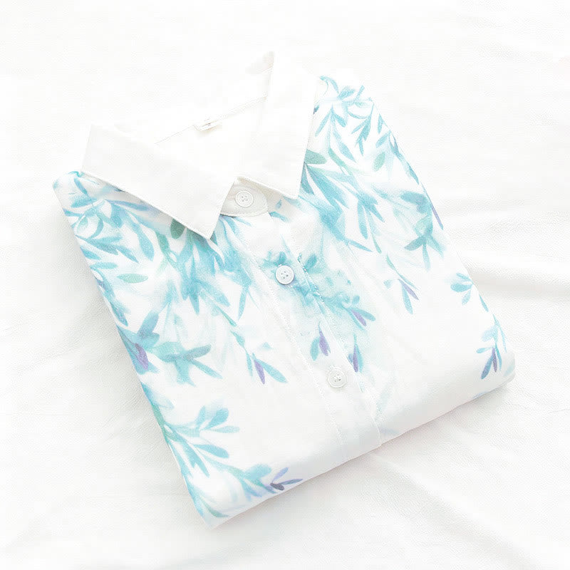 Camicia da donna in cotone a maniche lunghe con bottoni bianchi e verdi in stile Buddha Stones Fall - image 4