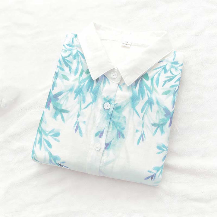 Camicia da donna in cotone a maniche lunghe con bottoni bianchi e verdi in stile Buddha Stones Fall - image 3