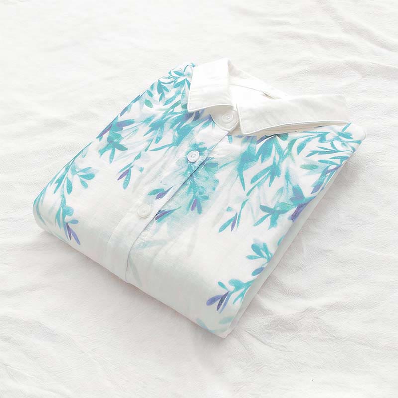 Camicia da donna in cotone a maniche lunghe con bottoni bianchi e verdi in stile Buddha Stones Fall - image 6