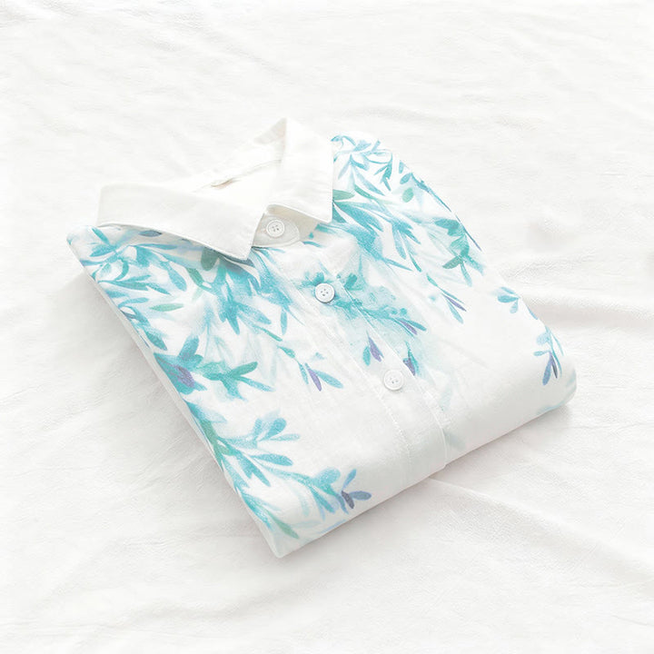 Camicia da donna in cotone a maniche lunghe con bottoni bianchi e verdi in stile Buddha Stones Fall - image 5