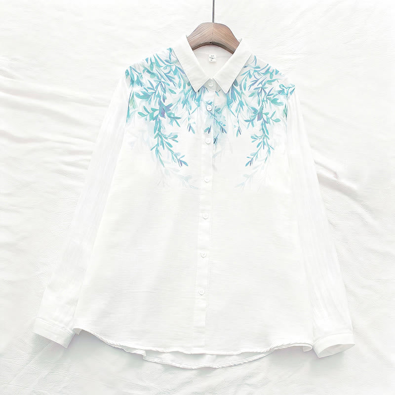 Camicia da donna in cotone a maniche lunghe con bottoni bianchi e verdi in stile Buddha Stones Fall - image 1