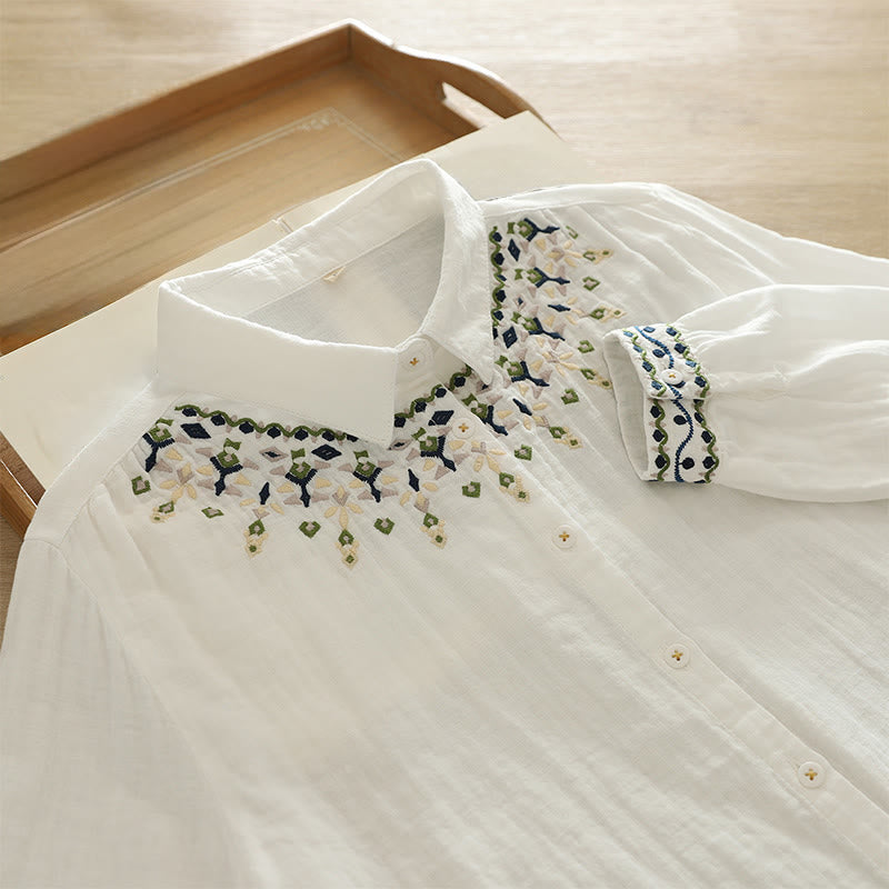 Camicia da donna in cotone a maniche lunghe con bottoni ricamati geometrici bianchi Buddha Stones Fall - Bianco - US4, UK/AU8, EU36 (L) - image 0