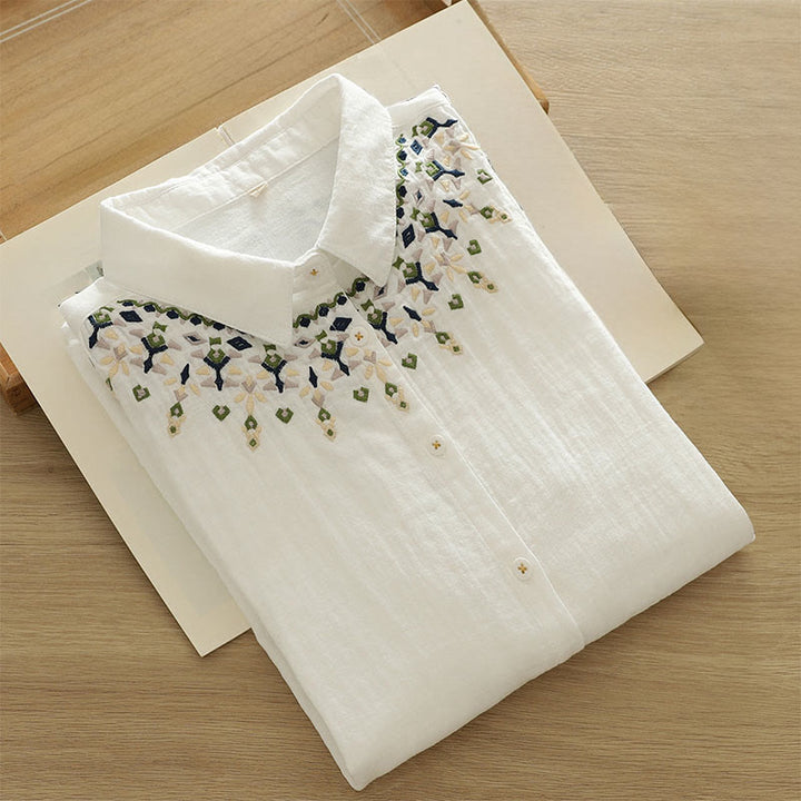 Camicia da donna in cotone a maniche lunghe con bottoni ricamati geometrici bianchi Buddha Stones Fall - image 4