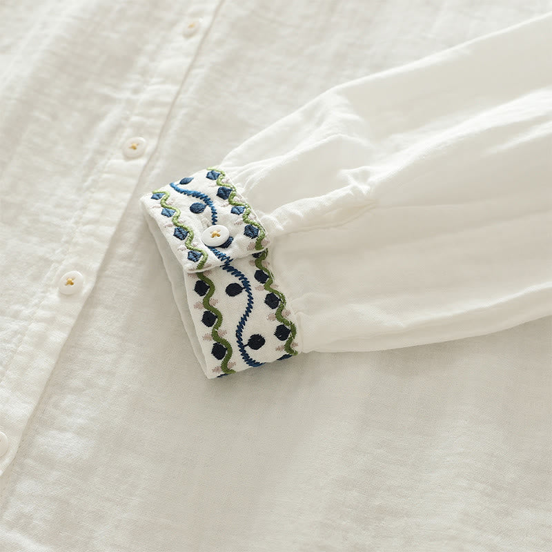 Camicia da donna in cotone a maniche lunghe con bottoni ricamati geometrici bianchi Buddha Stones Fall - image 8