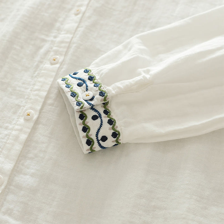 Camicia da donna in cotone a maniche lunghe con bottoni ricamati geometrici bianchi Buddha Stones Fall - image 8
