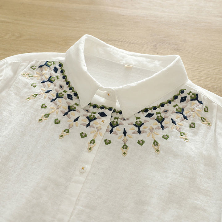 Camicia da donna in cotone a maniche lunghe con bottoni ricamati geometrici bianchi Buddha Stones Fall - image 6