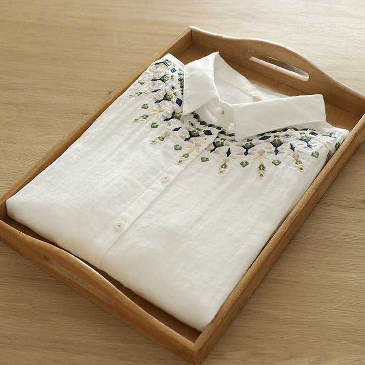 Camicia da donna in cotone a maniche lunghe con bottoni ricamati geometrici bianchi Buddha Stones Fall - image 5