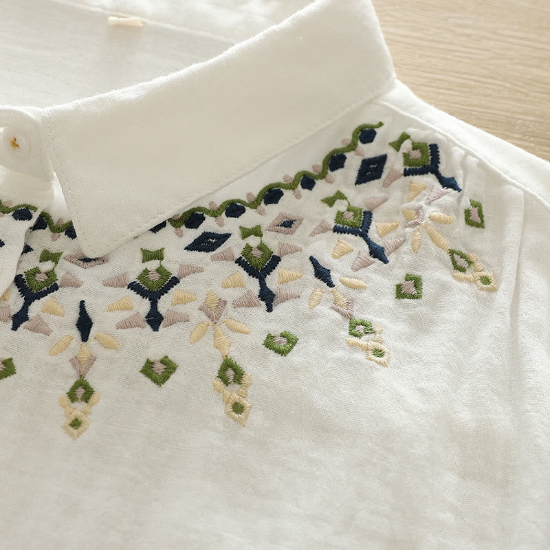 Camicia da donna in cotone a maniche lunghe con bottoni ricamati geometrici bianchi Buddha Stones Fall - image 7