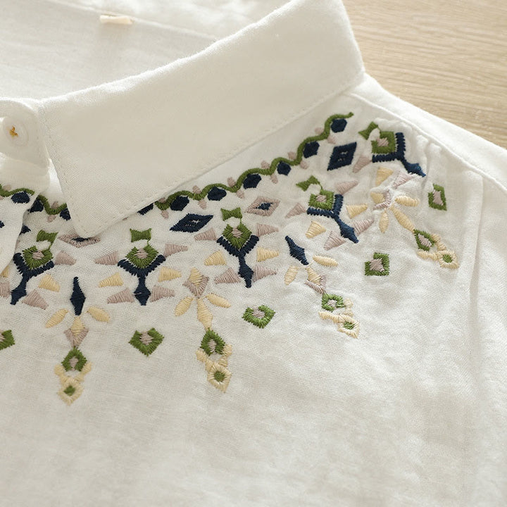 Camicia da donna in cotone a maniche lunghe con bottoni ricamati geometrici bianchi Buddha Stones Fall - image 7