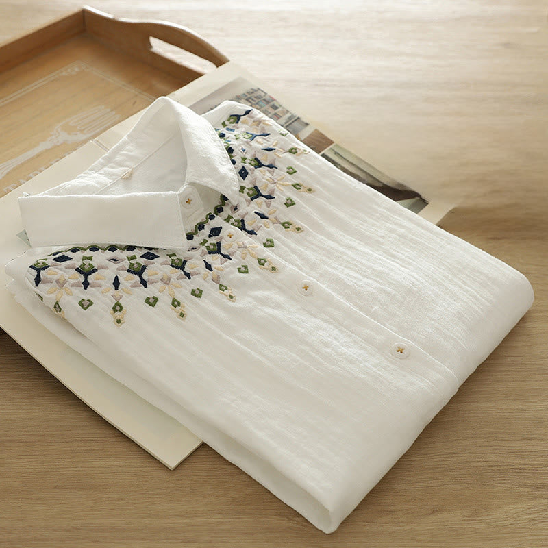 Camicia da donna in cotone a maniche lunghe con bottoni ricamati geometrici bianchi Buddha Stones Fall - image 3